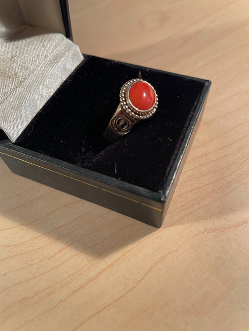 Solid gold and oxblood coral ring with Khanda / Adi Shakti symbols